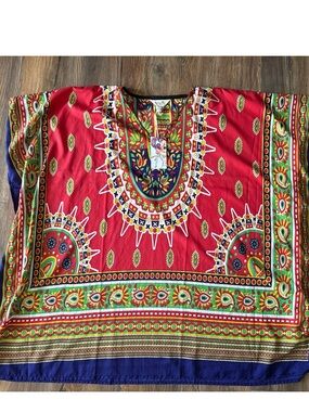 Gypsie Blue OS One Size Red Blue Kaftan Tunic Dress NWT
